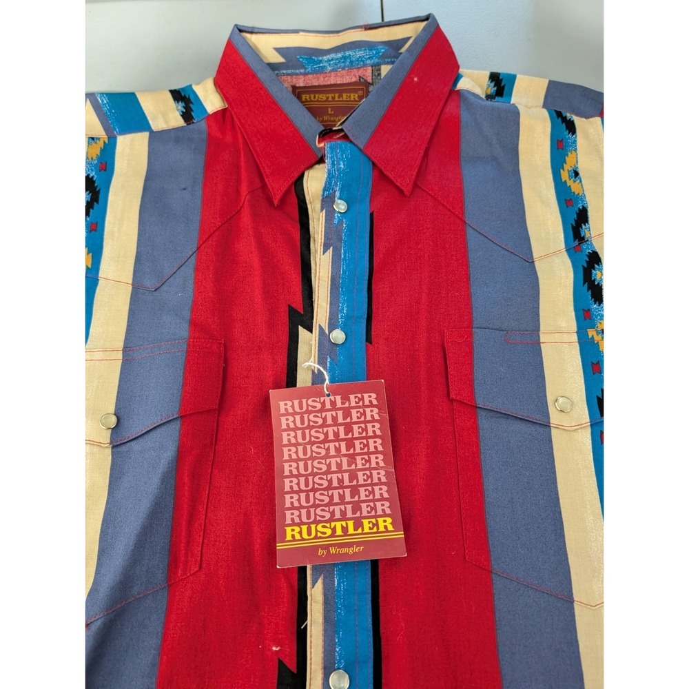 Wrangler Red Blue Cream Striped Western Button-Down Shirt - Picture 8 of 8